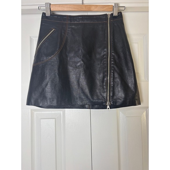 Comar Dresses & Skirts - Comar Italy Black Leather Mini Skirt Asymmetric Zip Contrast Stitch 42